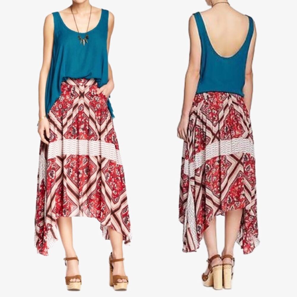 Free People Women's Paradise Boho Print Handkerchief Hem Skirt Flowy Pockets 6